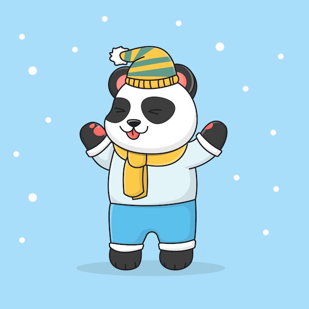 Panda de inverno bonito feliz usando um chapéu e cachecol