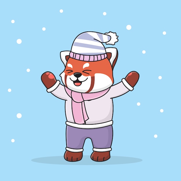 Panda de inverno bonito feliz vermelho usando um chapéu e cachecol