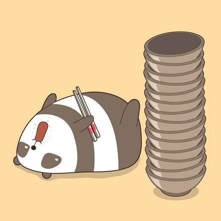 Vetor panda de mão desenhada kawaii com tigelas e pauzinhos
