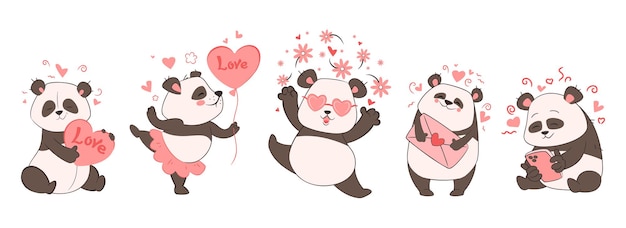 Panda do dia dos namorados com corações e flores conjunto de figuras de animais para design e impressãovector