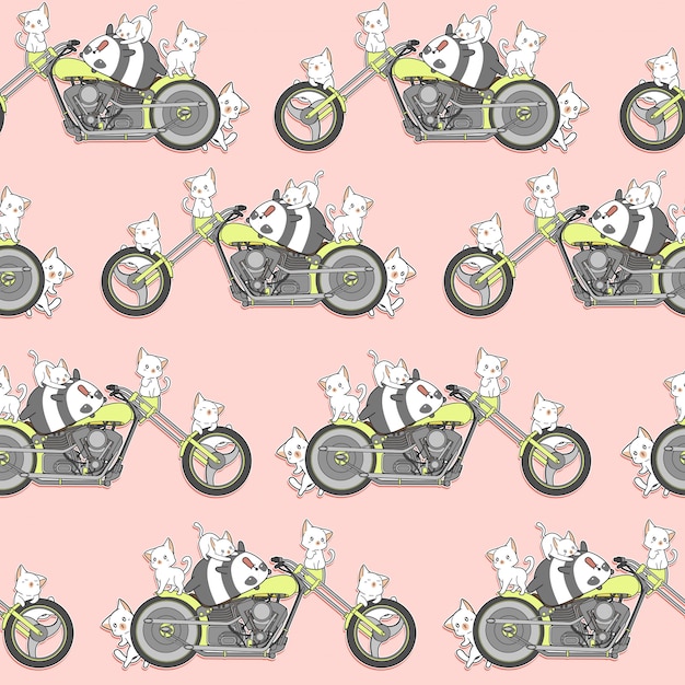 Panda do kawaii e gatos sem emenda e teste padrão da motocicleta.