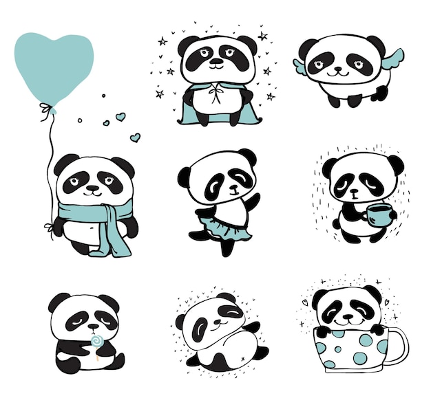 Panda doodle kid set design simples de pandas fofos e outros elementos individuais perfeitos para adesivos de banners de cartão infantil e outras coisas infantis no estilo simples