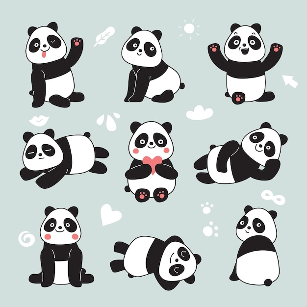 personagem de desenho animado bonito panda kawaii. animal adorável, feliz e  engraçado sentado na etiqueta isolada ramo de bambu, patch, crianças livro  ilustração. Emoji de urso panda anime em fundo branco 4449875