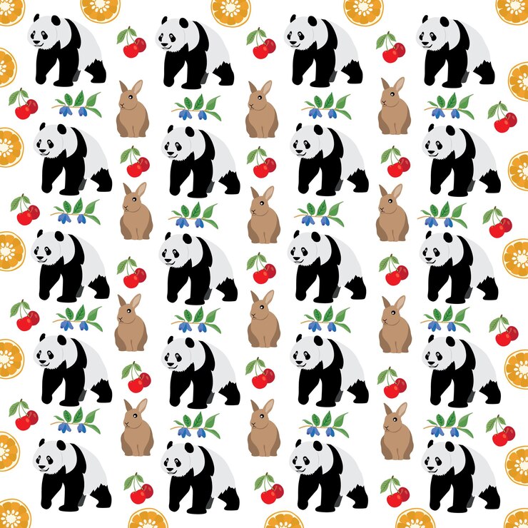 Vetor panda e coelho com frutas como fundo de padrão