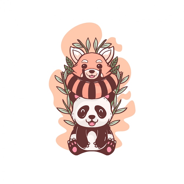 Vetor panda e panda vermelho kawaii ilustração bonito