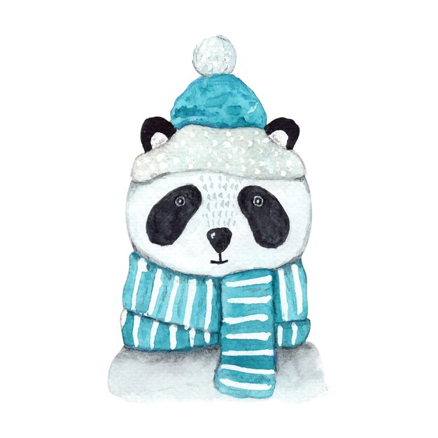 Panda em aquarela de natal com lenço e chapéu azuis