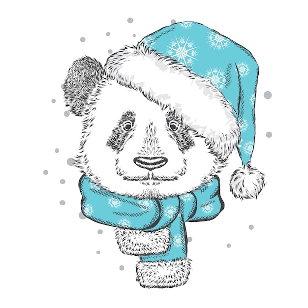 Panda engraçado em um chapéu de natal e lenço. ilustração vetorial