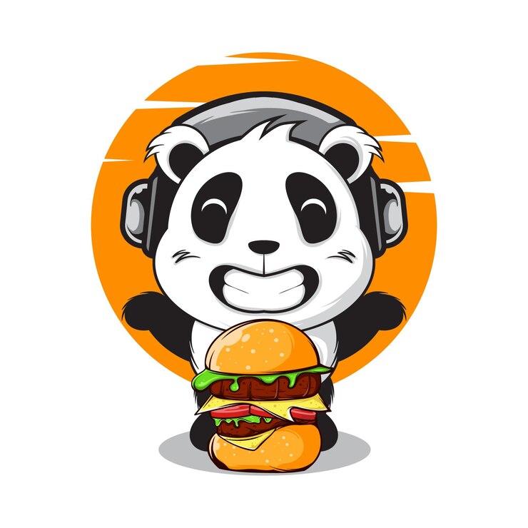 Vetor panda feliz com big burger e usar ilustração de fone de ouvido