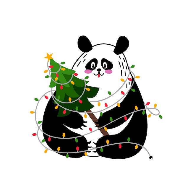 Panda fofa com árvore de natal