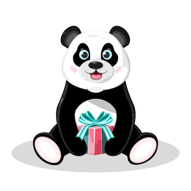 Panda fofa e feliz com caixa de presente