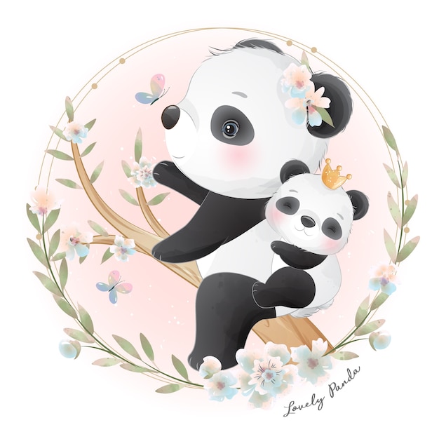 Panda fofinho com ilustração floral