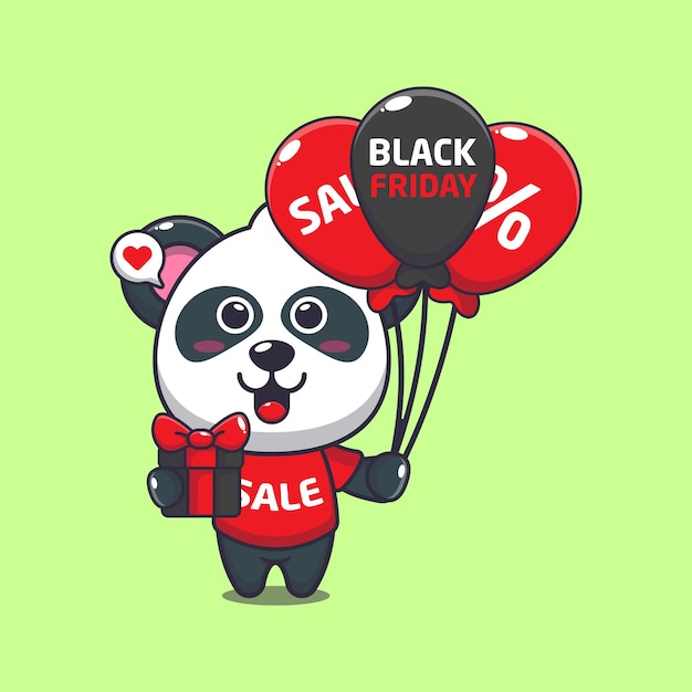 Vetor panda fofo com presentes e balões em ilustração vetorial de desenho animado de venda de sexta-feira negra