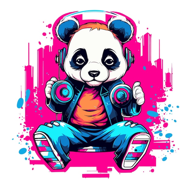 Panda legal ouvindo música com camiseta boombox e design gráfico de caneca ilustração vetor de desenho animado