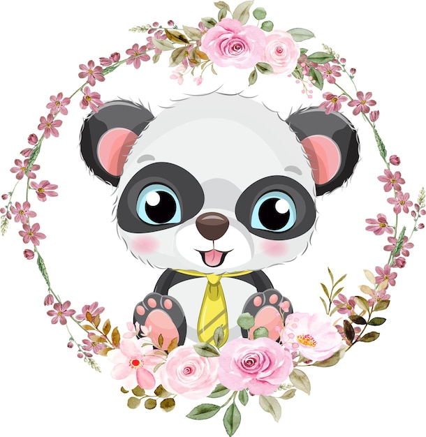 Vetor panda pequeno fofo com guirlanda de flores
