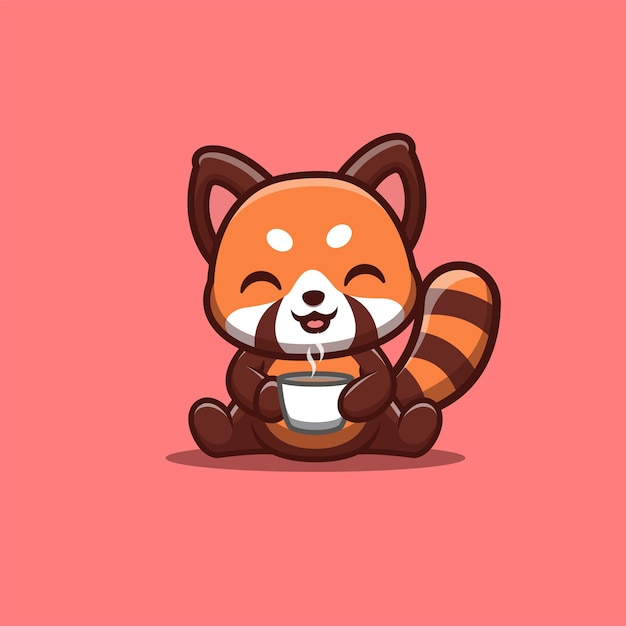 Panda vermelho sentado beber café bonito criativo kawaii cartoon logo mascote