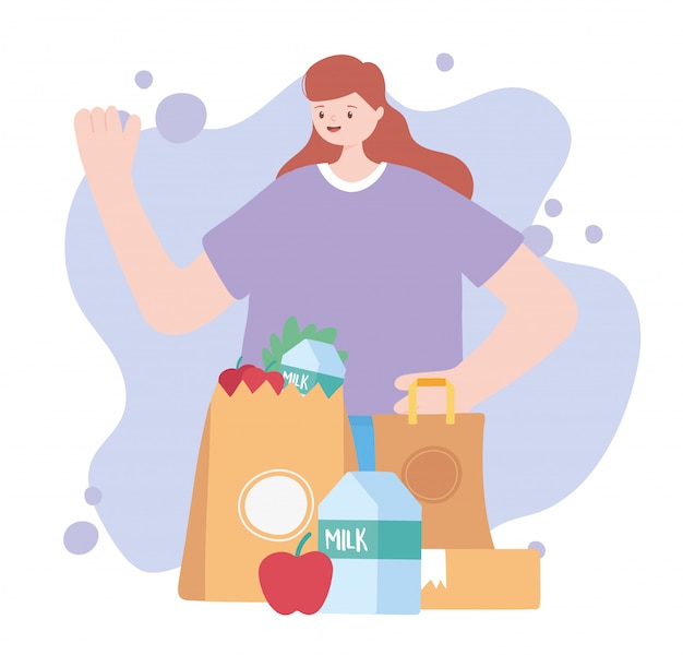 Pandemia de coronavírus, serviço de entrega, mulher com comida cheia de sacola de compras