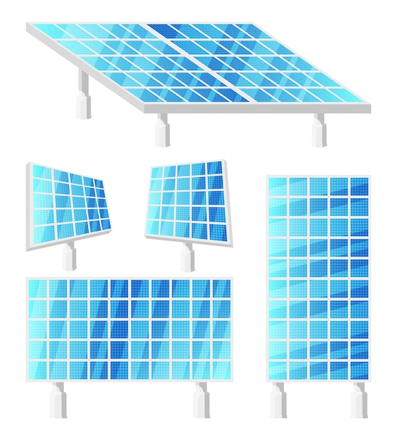 Panéis solares para geração de energia alternativa conservação de energia solar recurso de energia azul isolado em célula de sistema elétrico branco fonte de energia renovável alternativa ilustração de vetor plano