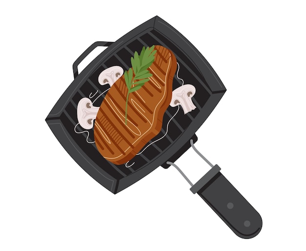 Vetor panela de carne comida fresca cozinhando fatias de bife frito fundo isolado na ilustração em vetor estilo plano de design branco