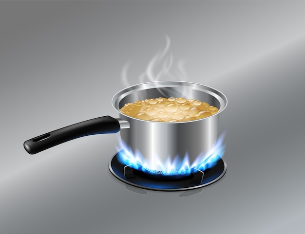 Panela de sopa de aço inoxidável água fervente no fogão a gás