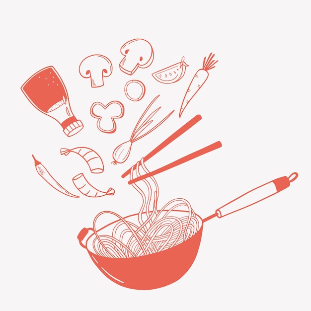 Panela wok e vários ingredientes. Comida tradicional japonesa asiática. macarrão asiático. Vetor