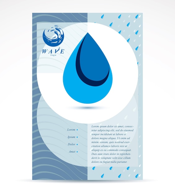Vetor panfleto de apresentação da empresa de tratamento de água. ilustração gráfica do vetor. gotas de água clara de vetor azul.