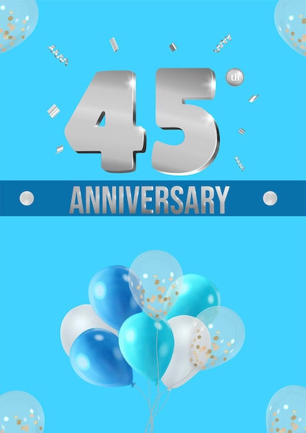 Panfleto de comemoração de aniversário números de prata fundo brilhante com balões 45