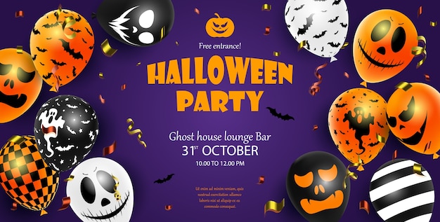 Panfleto de convite de festa de halloween com balão assustador. pôster de halloween.