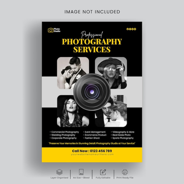 Panfleto de estúdio de fotografia profissional ou design de modelo de pôster