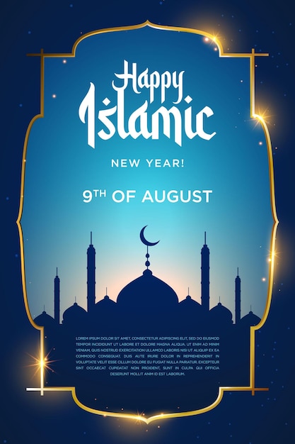 Panfleto de feliz ano novo islâmico com fundo azul e silhueta de igreja