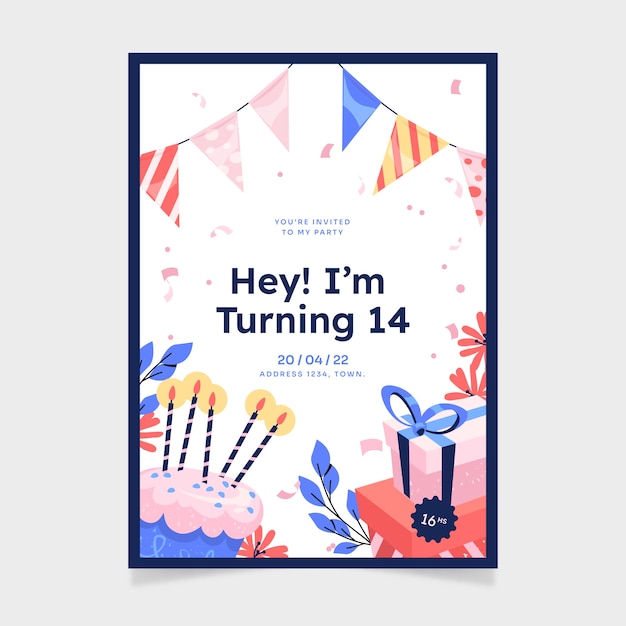 Panfleto de festa de aniversário de design plano desenhado à mão