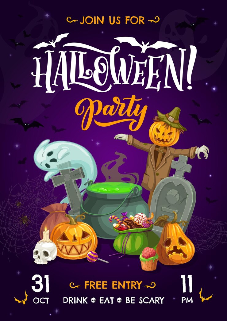 Vetor panfleto de festa de halloween com caldeirão de bruxa de desenho animado espantalho abóboras túmulo crânio de pedra com fantasma de vela e convite vetor de doces de férias com lanternas assustadoras e personagens assustadores