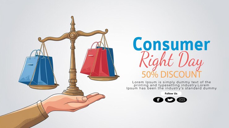 Vetor panfleto do dia mundial dos direitos do consumidor equilibrar necessidades e lucros