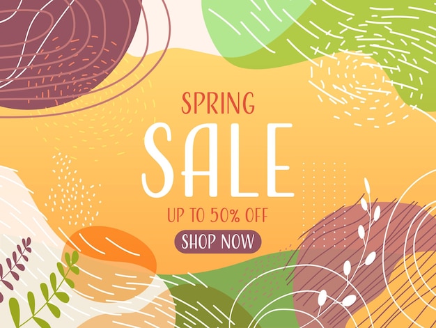 Panfleto ou cartão de banner de venda sazonal da primavera com folhas decorativas e texturas desenhadas à mão ilustração horizontal