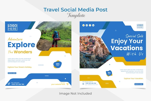 Panfleto quadrado de viagens e turismo de férias e modelo de banner de postagem de mídia social facebook e instagram