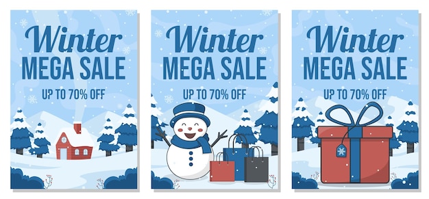 Panfletos de modelo de cartaz de venda de inverno com bonito boneco de neve e ilustração de paisagem de inverno