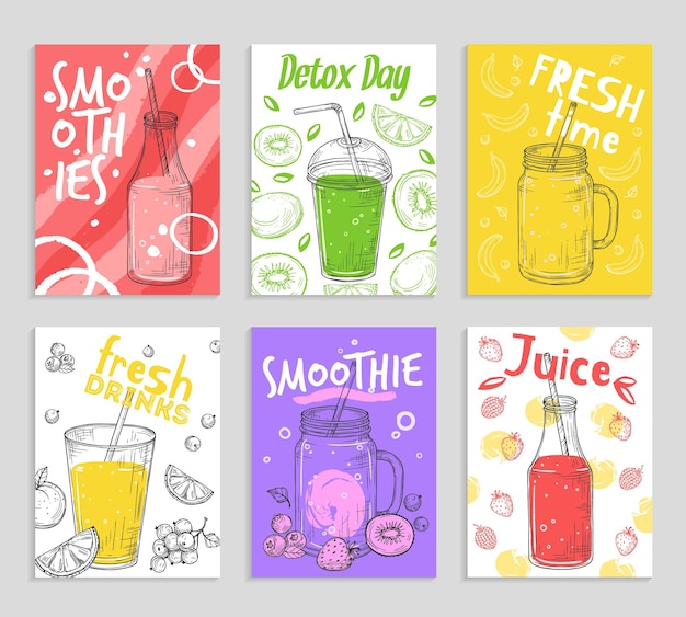 Panfletos de smoothie Sucos de desintoxicação coloridos cartões de smoothies de frutas frescas Esboço de estilo de vida vegano berry e banana Ilustração de bebidas vetoriais Esboço de smoothie banana e bebida de frescura de berry