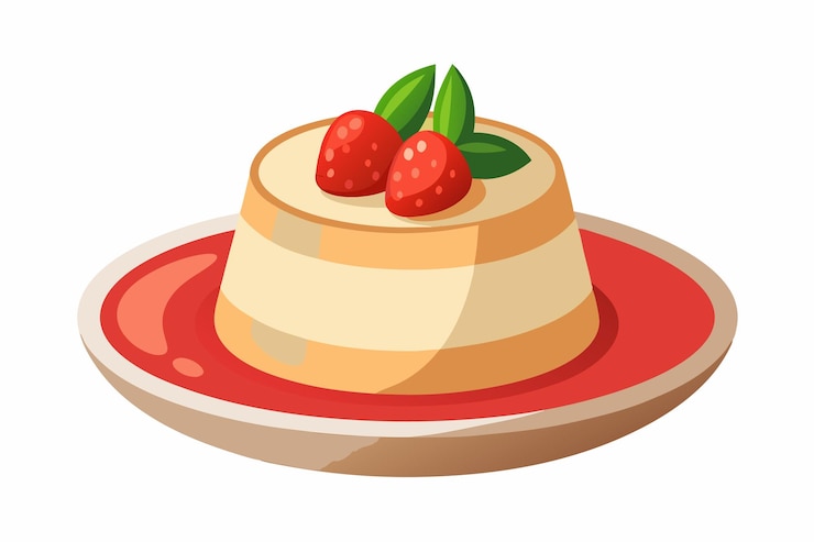 Vetor panna cotta de baunilha com molho de morango ícone de sobremesa cremosa em placa ilustração vetorial