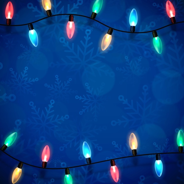 Vetor pano de fundo azul de natal com luzes guirlandas sobre o tema do inverno padrão com flocos de neve