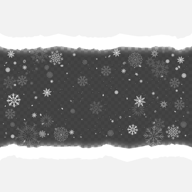 Vetor pano de fundo de papel rasgado de natal com neve caindo fundo vazio escuro realista com nevasca e espaço de faixa para texto modelo de papel de flocos de neve de feriado cinza