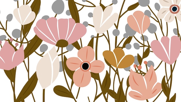 Vetor pano de fundo decorado com flores desabrochando e folhas vetor de fundo de natureza de arte abstrata plantas da moda moldura jardim de flores design de padrão floral botânico para o verão