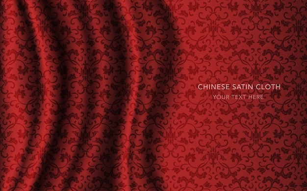 Pano de tecido de cetim de seda vermelha com padrão, chita de folha de flor