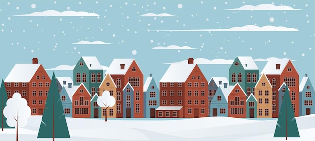 Panorama aconchegante de inverno de uma pequena cidade com casas árvores e neve magia paisagem nevada