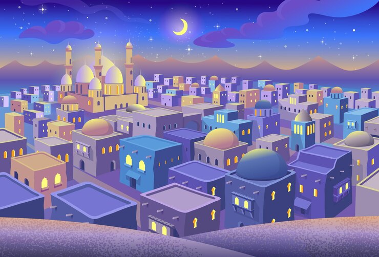 Vetor panorama da antiga cidade árabe com casas e a mesquita à noite. cidade azul em estilo cartoon