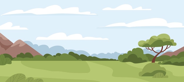 Panorama da paisagem com grama verde, árvores, montanhas, horizonte do céu e nuvens. Natureza do verão do campo com prados e skyline. Vale com plantas, paisagem rural. Ilustração em vetor plana.