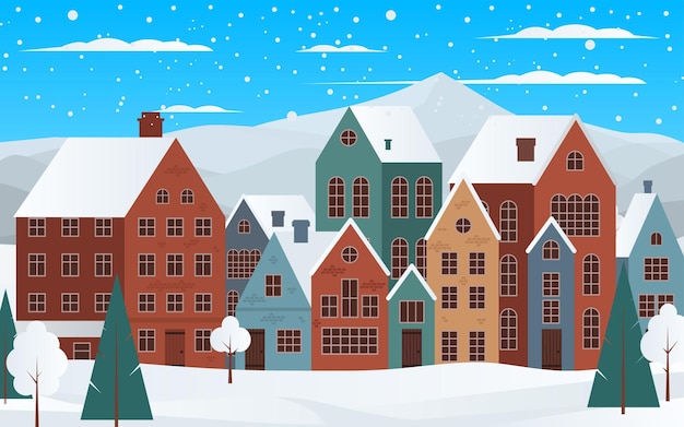 Panorama de inverno aconchegante de uma pequena cidade casas árvores e neve cartões de Natal e saudações