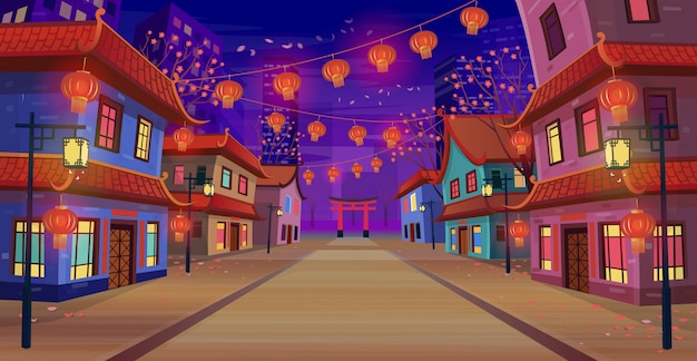 Panorama de rua chinesa com zodíaco chinês assina ano de rato vermelho, casas, arco chinês, lanternas e uma guirlanda à noite. ilustração em vetor de rua da cidade em estilo cartoon.