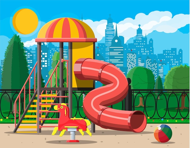 Panorama do jardim de infância de parque infantil. Diversão infantil urbana. Escada deslizante, brinquedo de balanço na mola, tubo deslizante, balanceador de balanço, caixa de areia. Cityscape. Estilo simples de ilustração vetorial