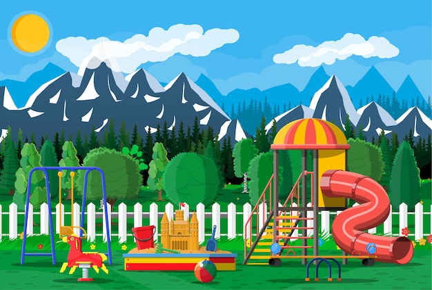 Panorama do jardim de infância de parque infantil.