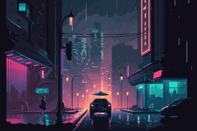 Panorama futurista da cidade noturna com edifícios modernos e arranha-céus estilo cuberpunk ilustração em vetor