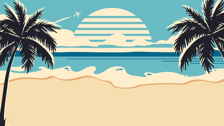 Vetor panorama horizontal da praia com fundo com mar e palmeiras em estilo retrô para festa na praia